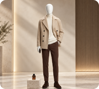 Smart casual menswear with double-breasted coat and tailored trousers
