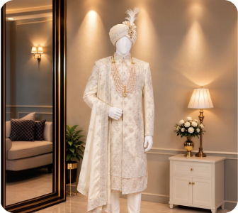 Opulent traditional sherwani groom attire with turban and jewelry