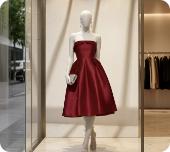 Elegant crimson satin cocktail dress on mannequin