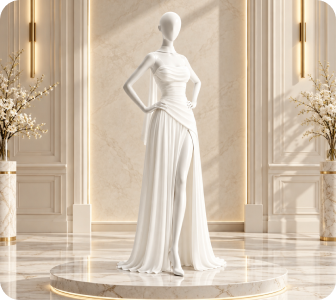 White draped couture gown on marble display pedestal